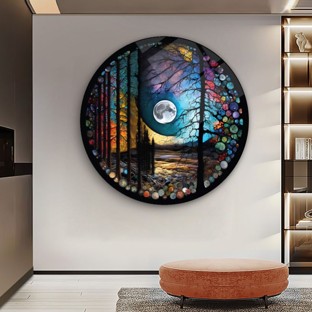 Moonlit Forest Symphony Glass Wall Art