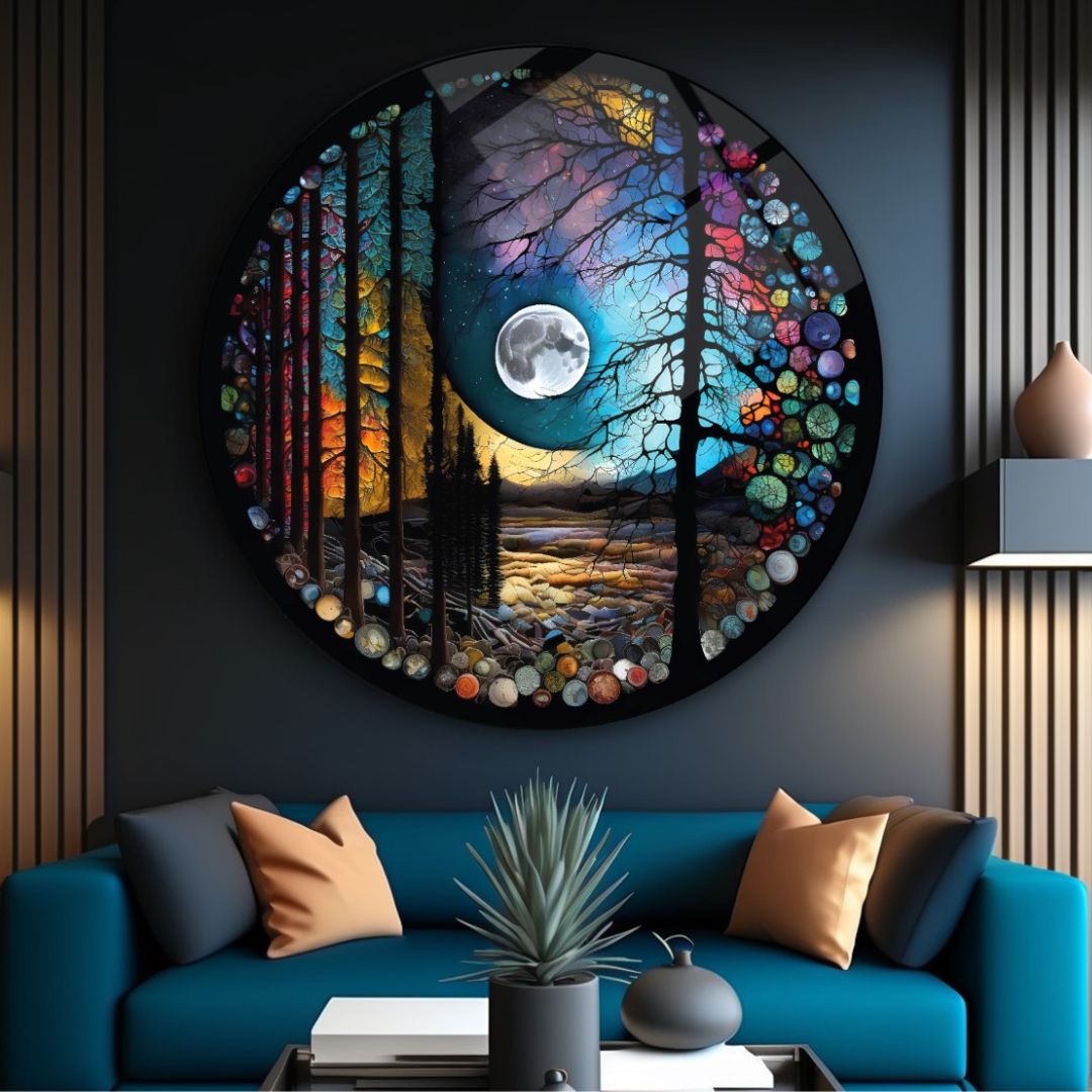 Moonlit Forest Symphony Glass Wall Art