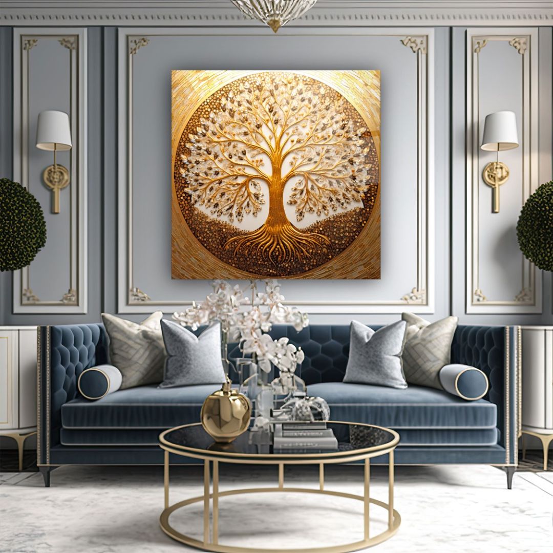 Golden Tree of Life Glass Wall Art