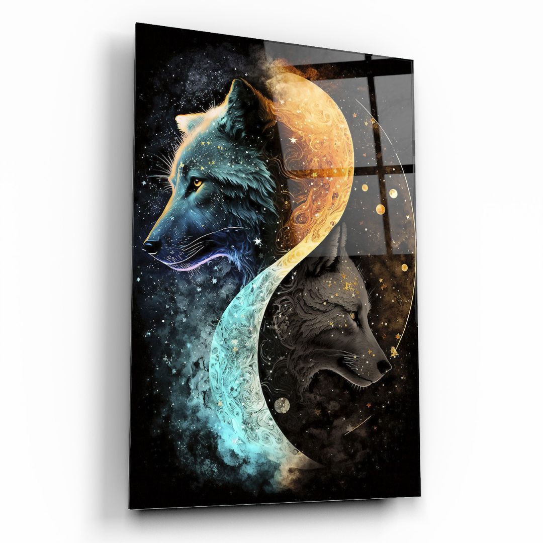 Cosmic Wolves: Balance of Day and Night Glass Wall Art