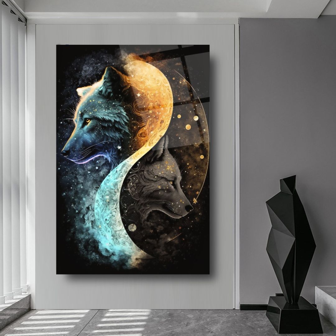 Cosmic Wolves: Balance of Day and Night Glass Wall Art