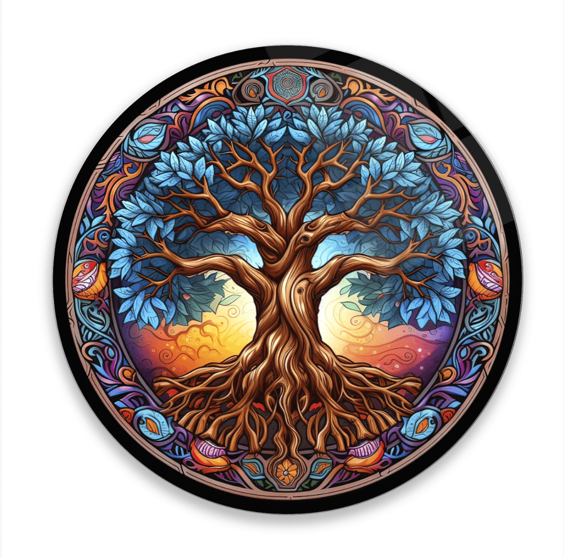 Colourful Tree Root Rounded Glass Wall Art