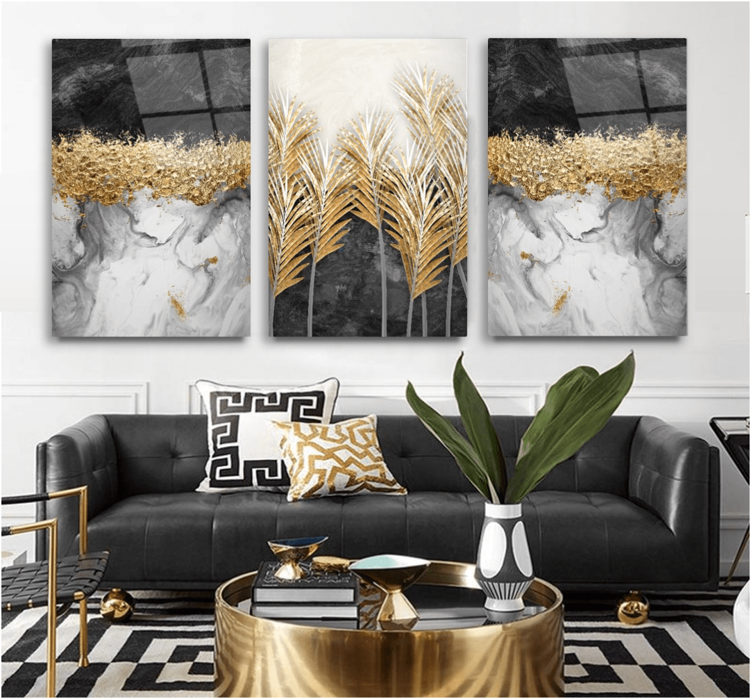 Golden Leaf Glass Wall Art & Set of 3