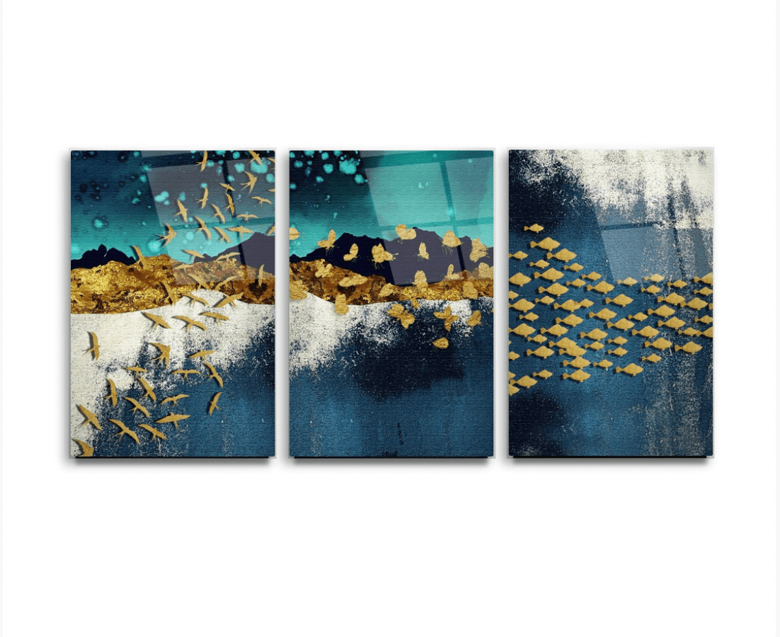 Golden Birds Glass Wall Art & Set of 3