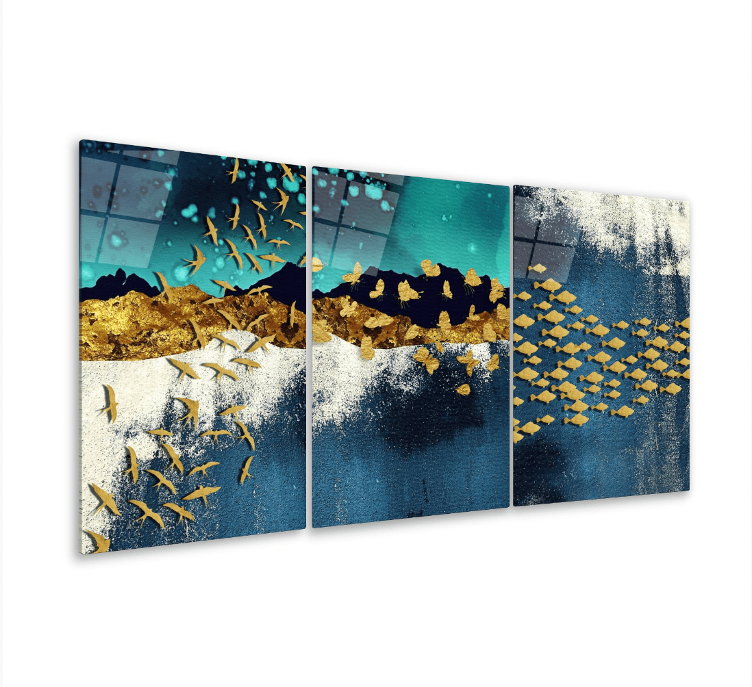 Golden Birds Glass Wall Art & Set of 3