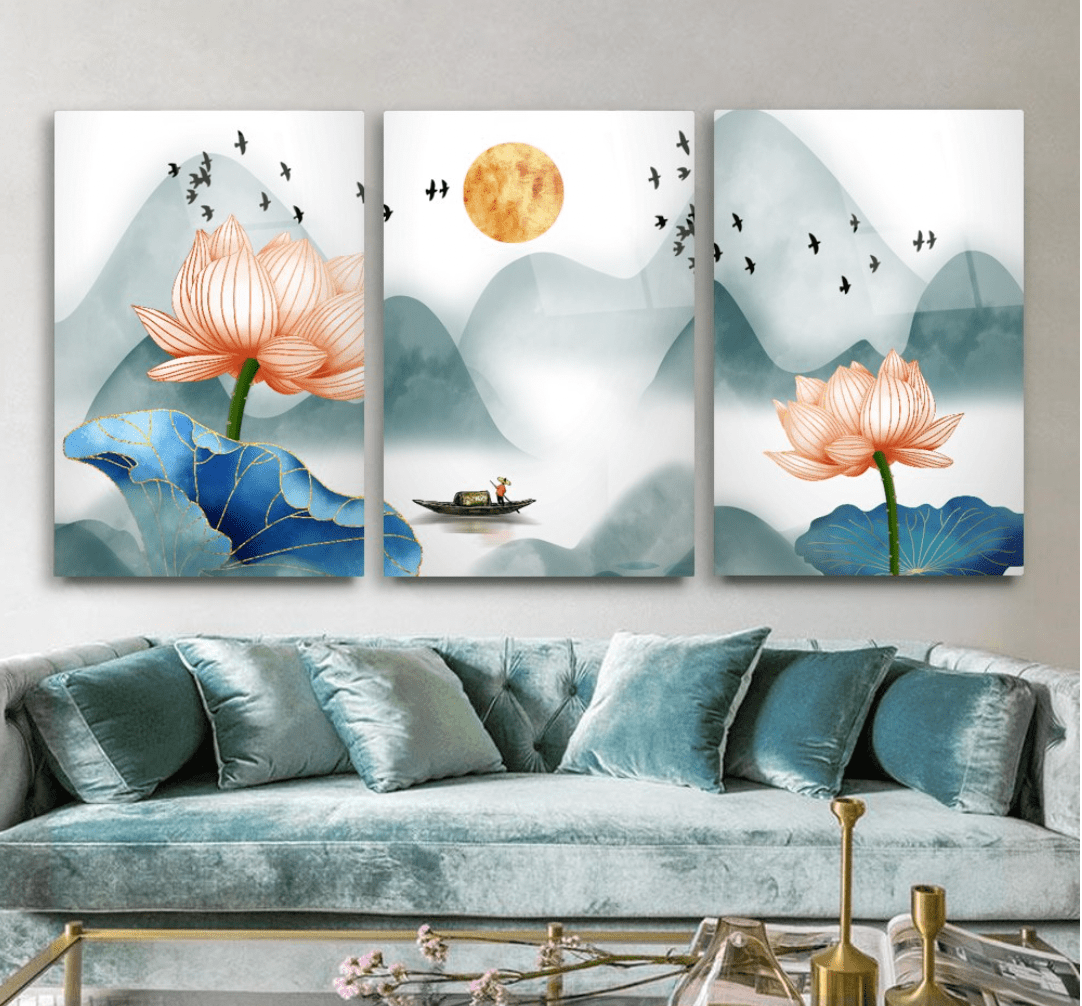Lotus Flower Glass Wall Art & Set of 3
