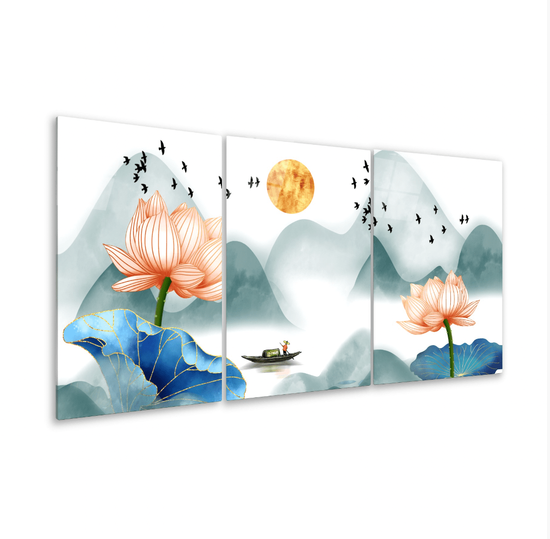 Lotus Flower Glass Wall Art & Set of 3