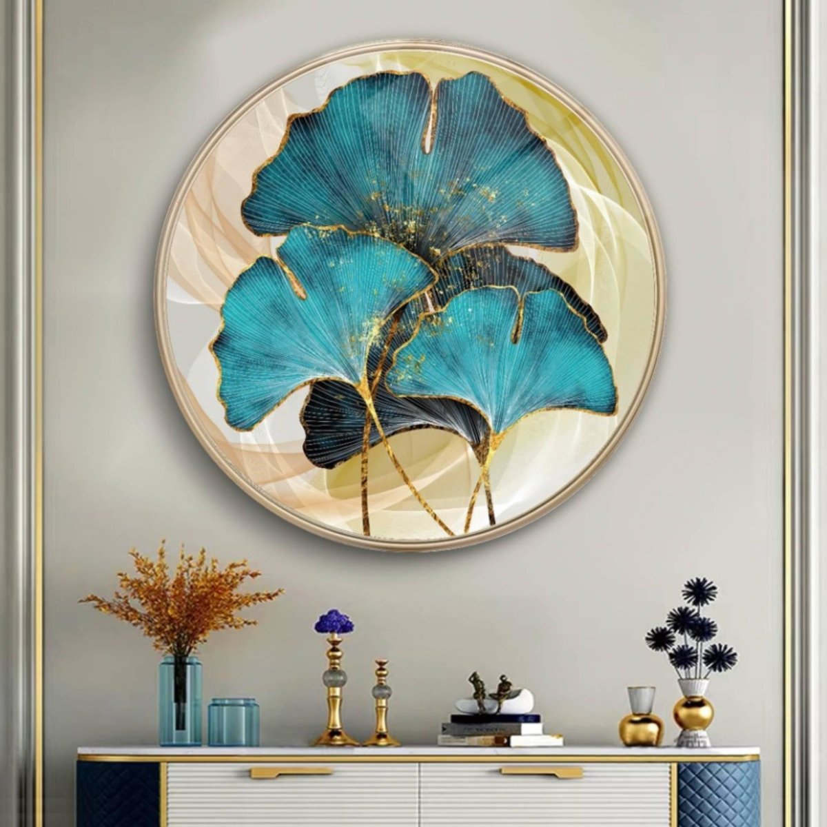 Blue Leaf Circle Glass Painting - Artchi